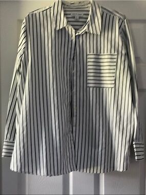 Men's Black & White Vertical Stripe Button-Down Shirt - Casual